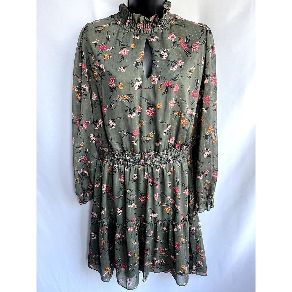 DREW Green Ruffle Floral Dress Size M Fully Lined Long Sleeve Romantic Prairie